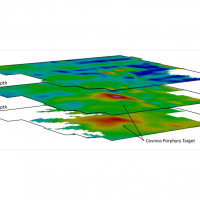 Figure 4. Depth slices with chargeability data highlighting the Cosmos porphyry copper-molybdenum-silver-gold drill target. The top of the IP anomaly is within 10 meters of surface and is present to the bottom of the survey limits at ~250m depth.